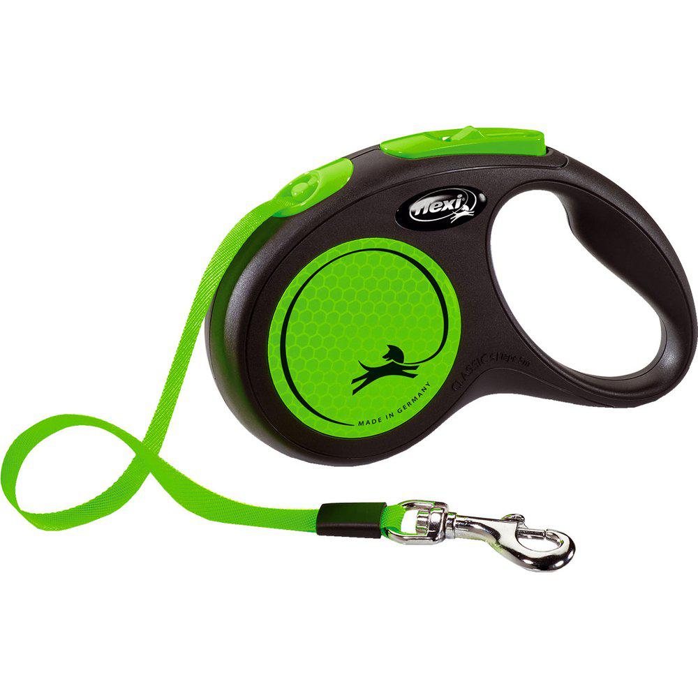 flexi New Neon M rulleline til hund - 5 m båndline, grøn, op til 25 kg