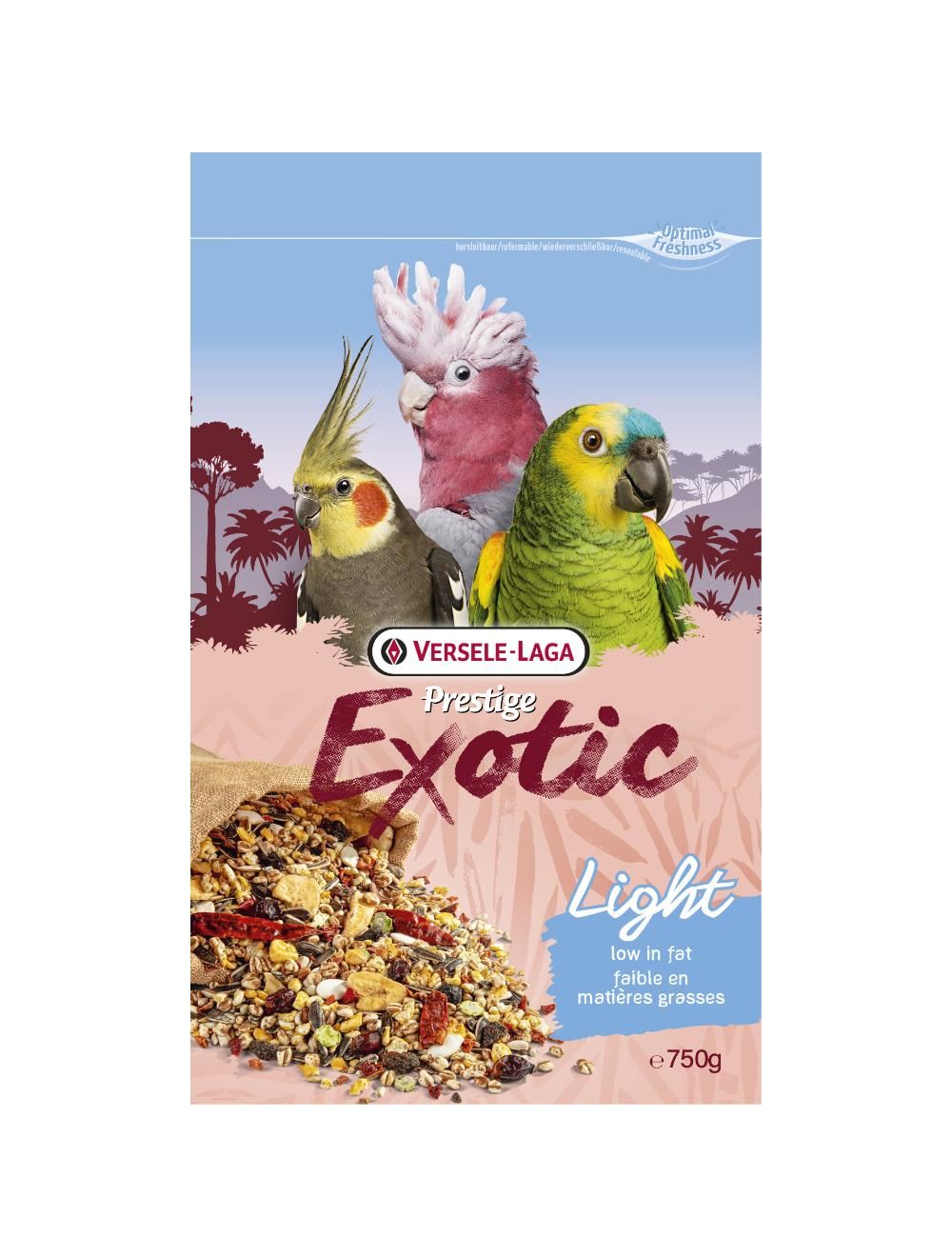 Versele-Laga Parrots Exotic Light Mix 750g, Frø, 750 g, Parrot, Vitamin A, vitamin D3, vitamin E, Protein 14%, fat content 16.50%, crude fiber 13.5%, crude ash 3.5%, calcium 0.20%, phosphorus 0.40%, 750 g