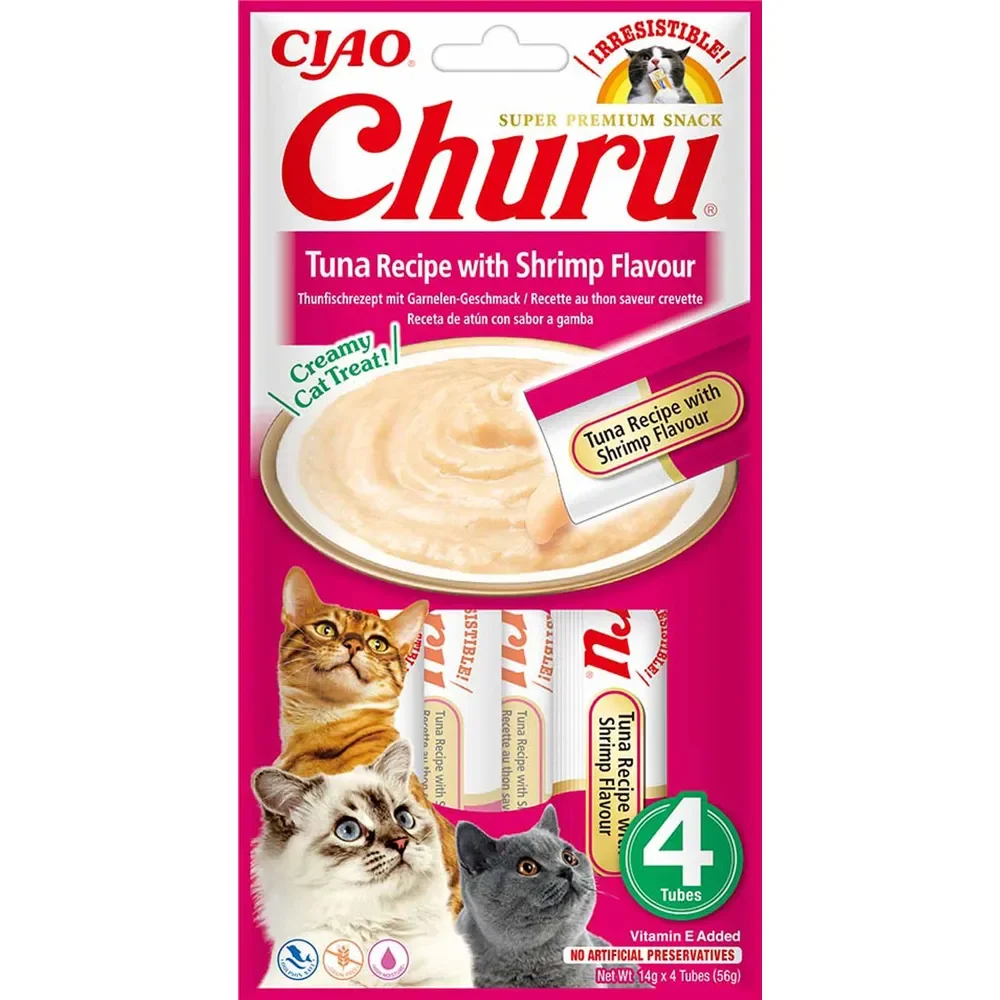 Kattegodbidder INABA Churu - tun med smagsnoter af rejer, 4×14 g